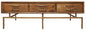 56" Brown and Brass Solid Wood and Iron Distressed Frame Coffee Table With Six Drawers