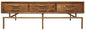 56" Brown and Brass Solid Wood and Iron Distressed Frame Coffee Table With Six Drawers