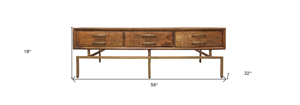 56" Brown and Brass Solid Wood and Iron Distressed Frame Coffee Table With Six Drawers