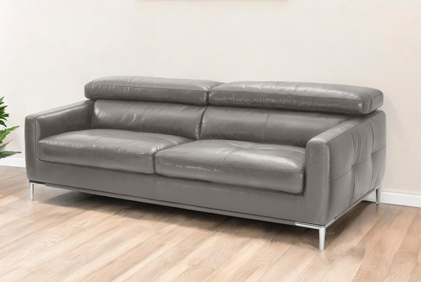 79" Dark Gray Leather Sofa With Silver Legs