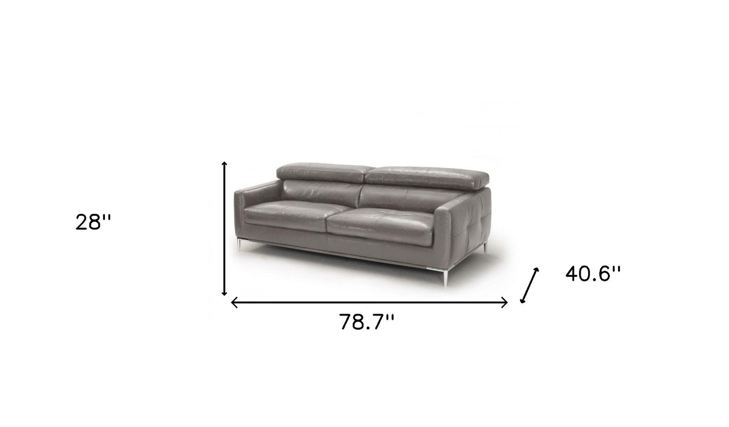 79" Dark Gray Leather Sofa With Silver Legs