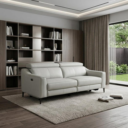 74" Gray Leather Reclining Sofa With Black Legs