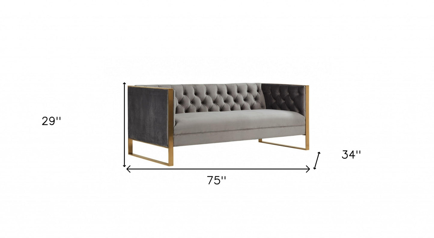 75" Gray Velvet Sofa With Gold Legs