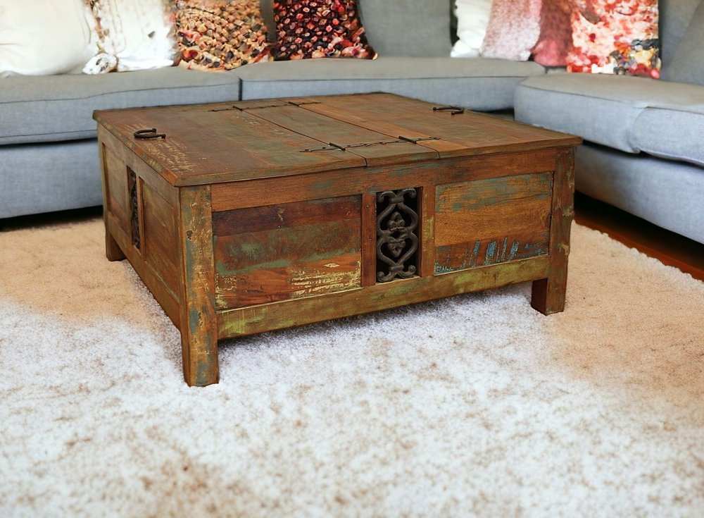 40" Brown Solid Wood Square Lift Top Solid Trunk Coffee Table