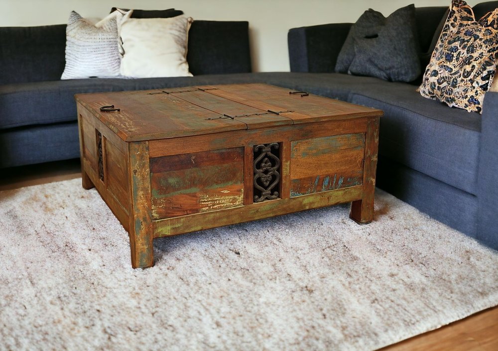 40" Brown Solid Wood Square Lift Top Solid Trunk Coffee Table