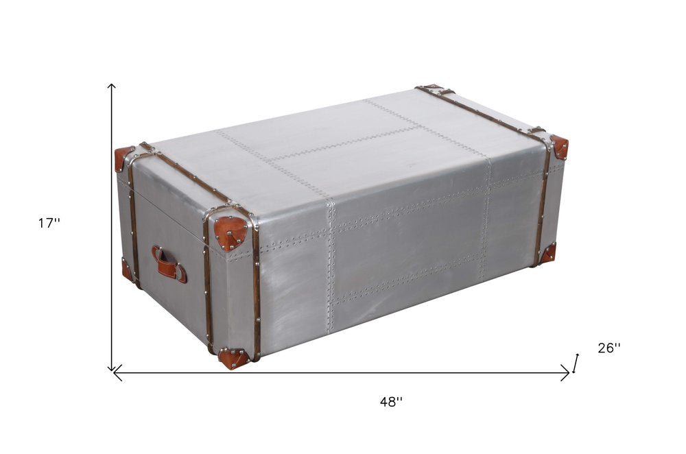 48" Silver Aluminum and Solid Wood Solid Coffee Table With Two Drawers