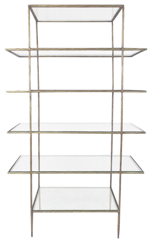 59" Antiqued Gold And Clear Iron and Glass Five Tier Etagere Bookcase