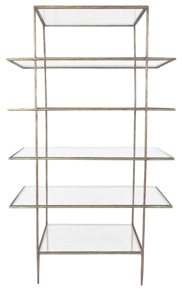 59" Antiqued Gold And Clear Iron and Glass Five Tier Etagere Bookcase