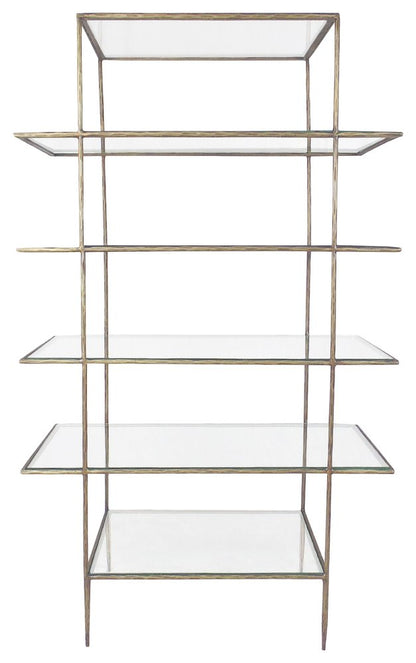 59" Antiqued Gold And Clear Iron and Glass Five Tier Etagere Bookcase