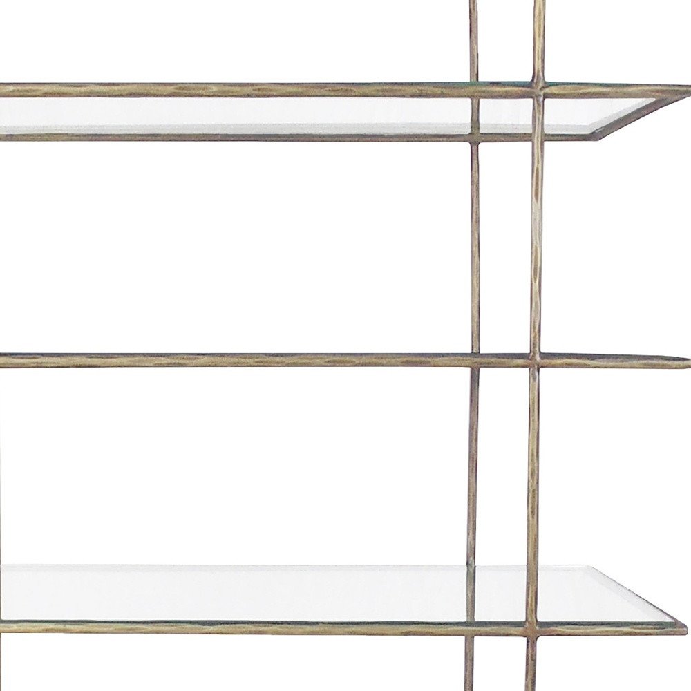 59" Antiqued Gold And Clear Iron and Glass Five Tier Etagere Bookcase