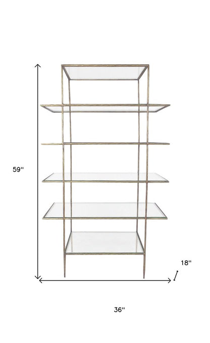 59" Antiqued Gold And Clear Iron and Glass Five Tier Etagere Bookcase