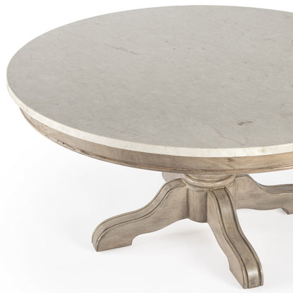 38" Beige And Off White Genuine Marble Round Distressed Coffee Table