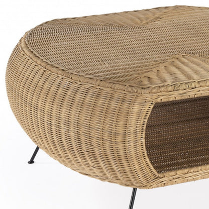 38" Natural and Black Rattan and Iron Oval Coffee Table