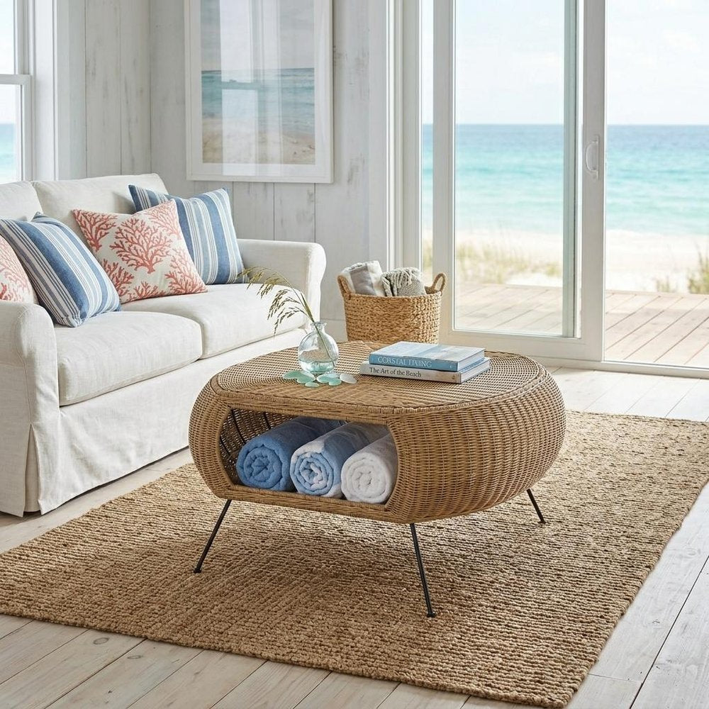 38" Natural and Black Rattan and Iron Oval Coffee Table