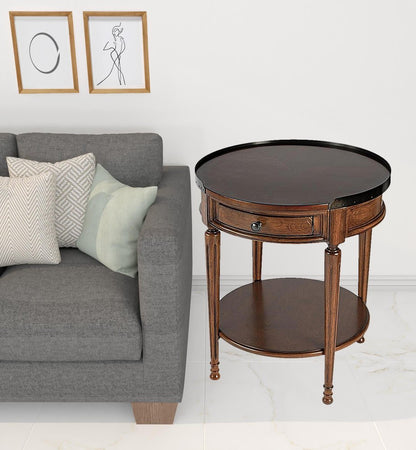 26" Medium Brown Manufactured Wood Round End Table With Drawer And Shelf