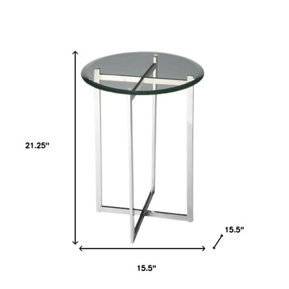 21" Clear And Silver Glass and Stainless Steel Round End Table