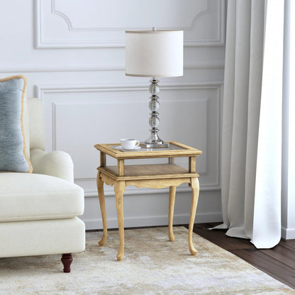 25" Beige Distressed Glass And Solid Wood End Table