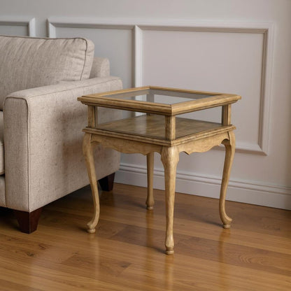 25" Beige Distressed Glass And Solid Wood End Table