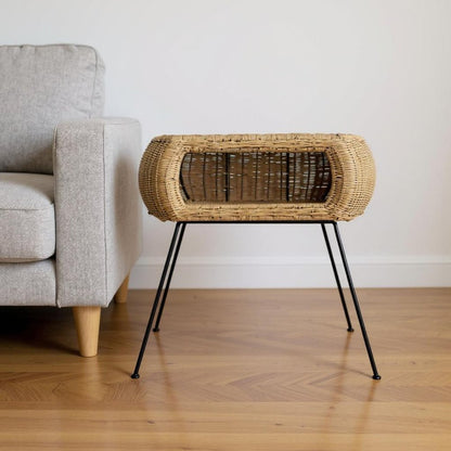 24" Black And Brown Distressed Rattan And Iron Round End Table With Shelf