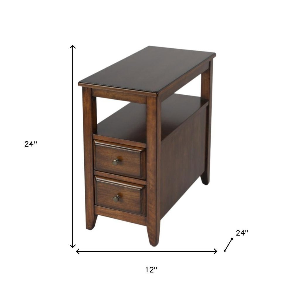 24" Brown Distressed End Table With Two Drawers And Shelf