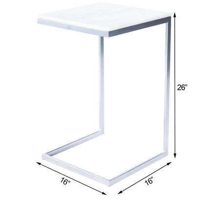 26" Silver and White Marble Square C Shape End Table