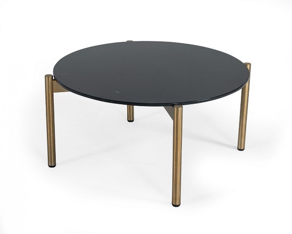 36" Black and Gold Faux Marble And Steel Round Coffee Table