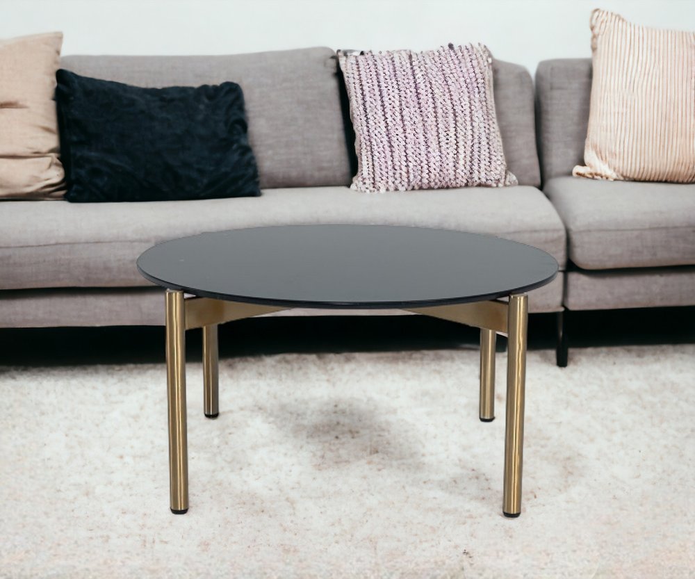 36" Black and Gold Faux Marble And Steel Round Coffee Table