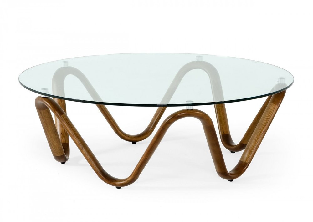 45" Clear and Brown Glass And Solid Wood Round Abstract Coffee Table