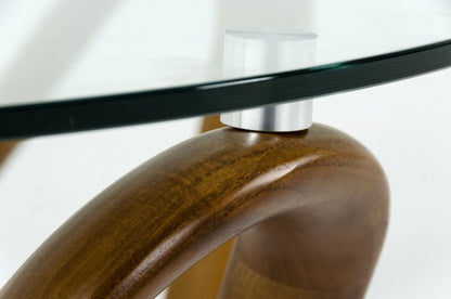 45" Clear and Brown Glass And Solid Wood Round Abstract Coffee Table