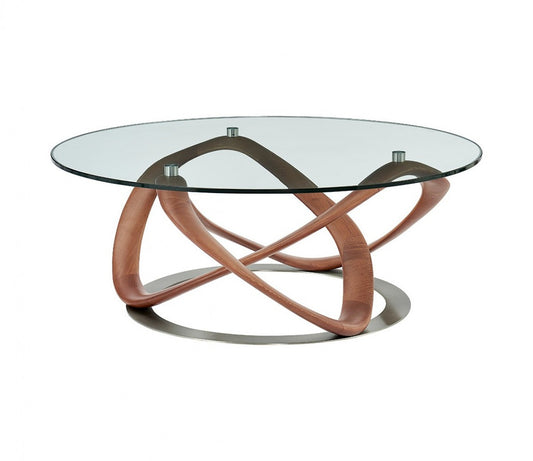 39" Clear And Brown Glass And Solid Wood Round Coffee Table