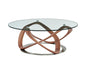 39" Clear and Brown Glass And Solid Wood Round Abstract Coffee Table
