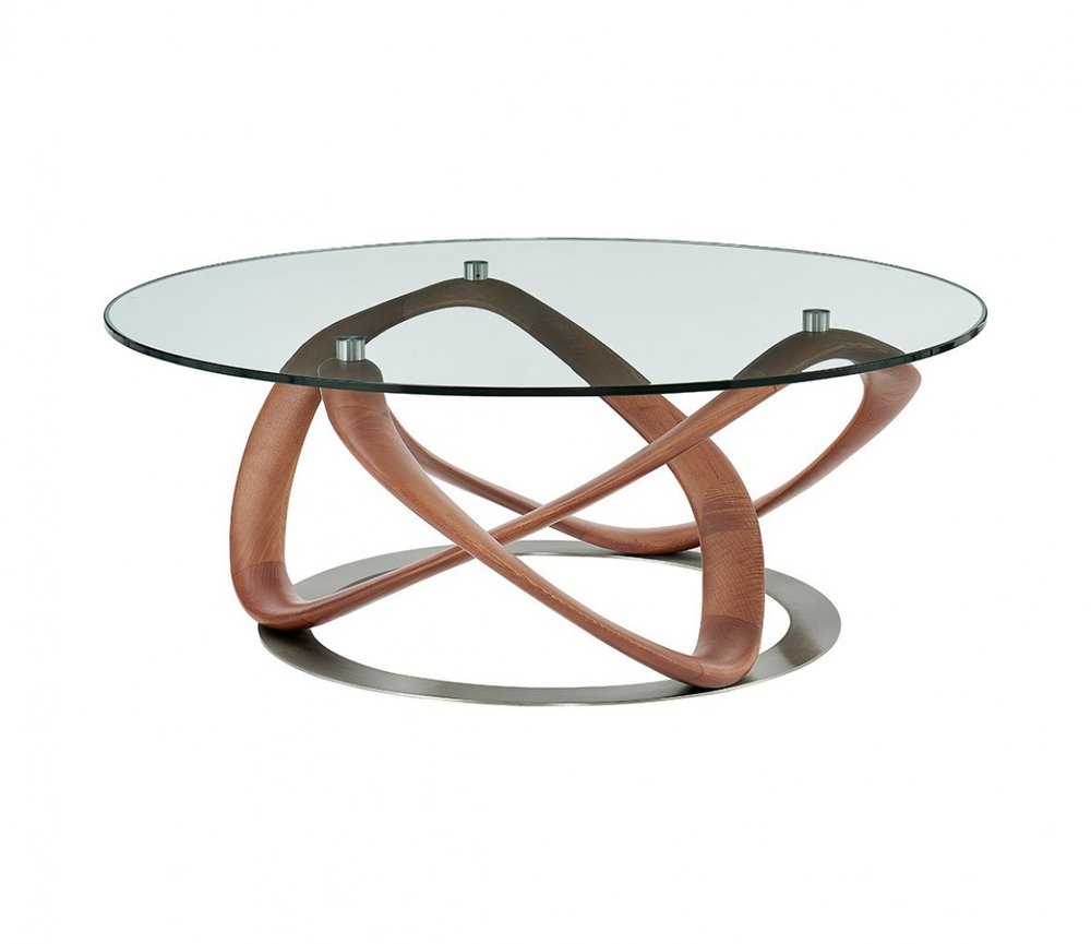 39" Clear and Brown Glass And Solid Wood Round Abstract Coffee Table