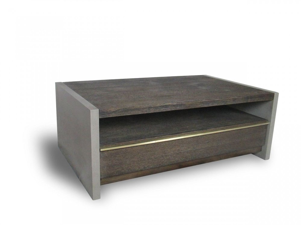 47" Brown and Dark Gray Solid Wood And Concrete Block Coffee Table With Drawer And Shelf
