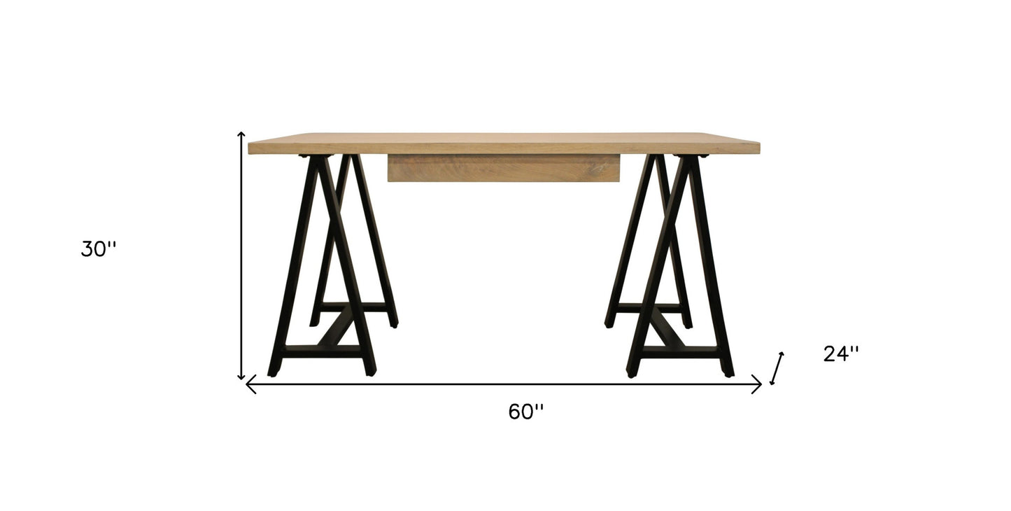 60" Ivory and Black Solid Wood Executive Desk