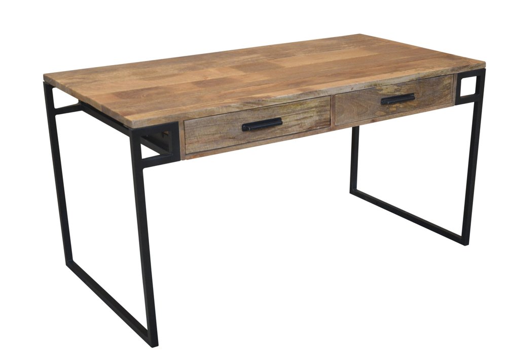 60" Natural and Black Solid Wood Writing Desk With Two Drawers