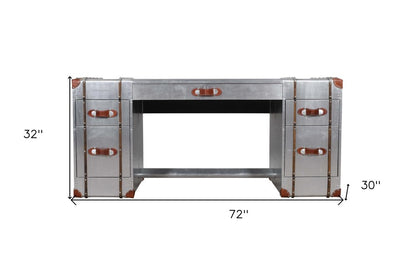 72" Silver Aluminum Executive Desk With Five Drawers