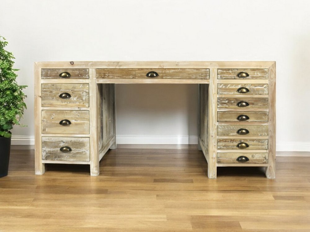 63" Brown Solid Wood Writing Desk With Twelve Drawers