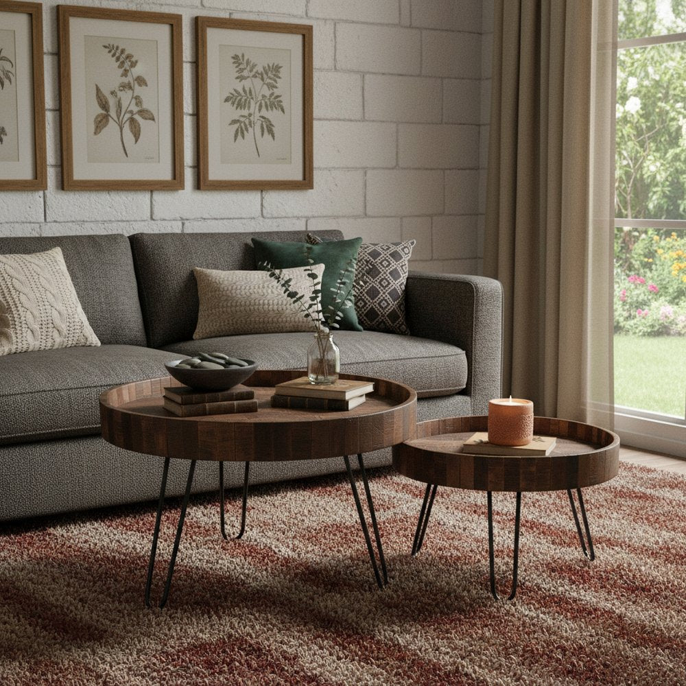 Set Of Two Black And Natural Brown Solid Wood And Iron Round End Tables