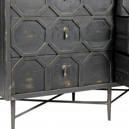 48" Dark Brown Carved Geometric Solid Wood Six Drawer Double Dresser