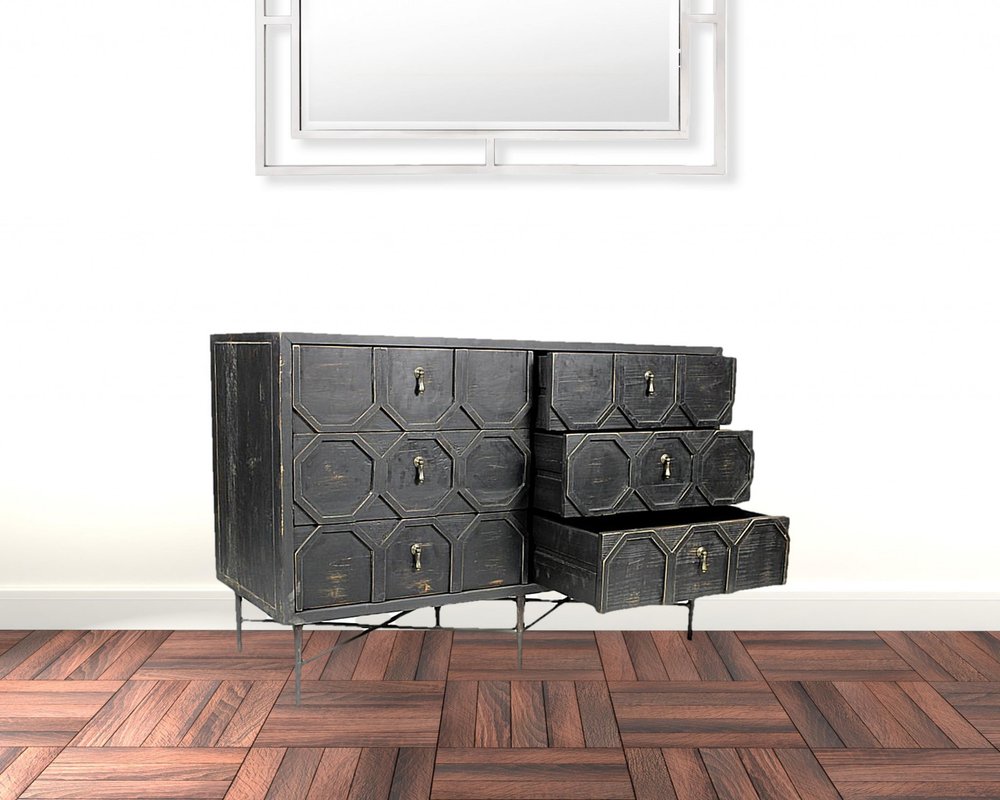48" Dark Brown Carved Geometric Solid Wood Six Drawer Double Dresser