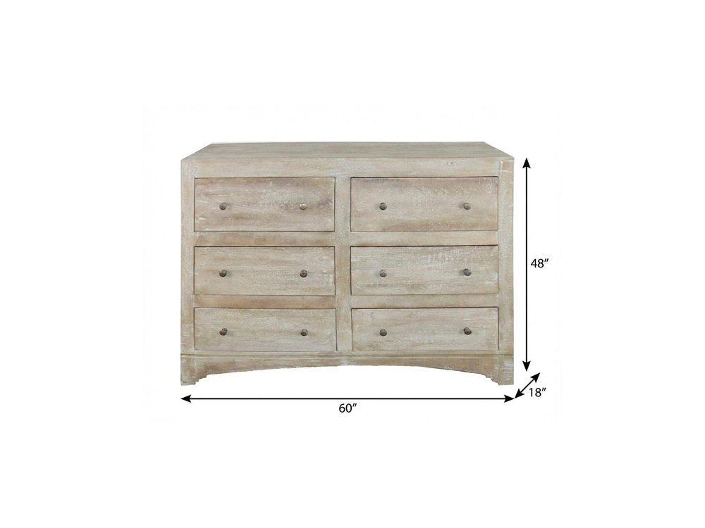 60" Brown Solid Wood Six Drawer Double Dresser