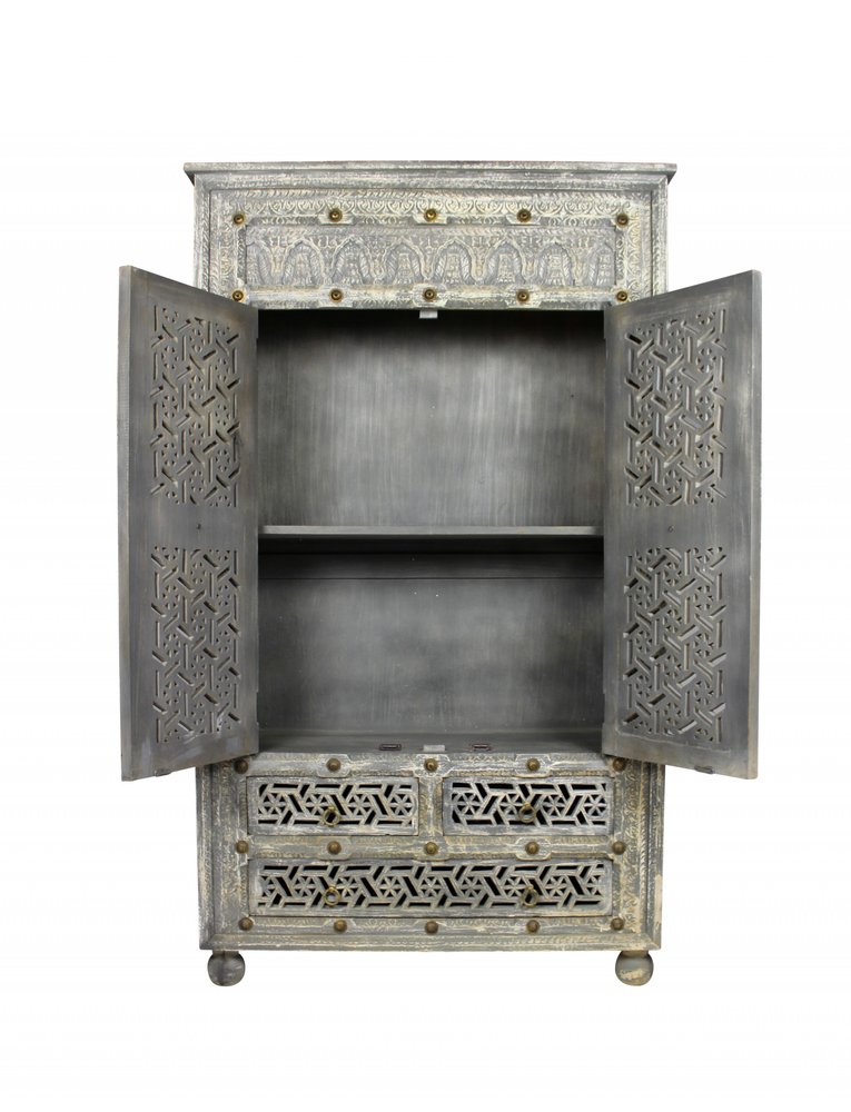 72" Gray Carved Geometric Solid Wood Two Door Three Drawer Combo Dresser