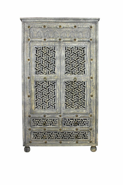 72" Gray Carved Geometric Solid Wood Two Door Three Drawer Combo Dresser