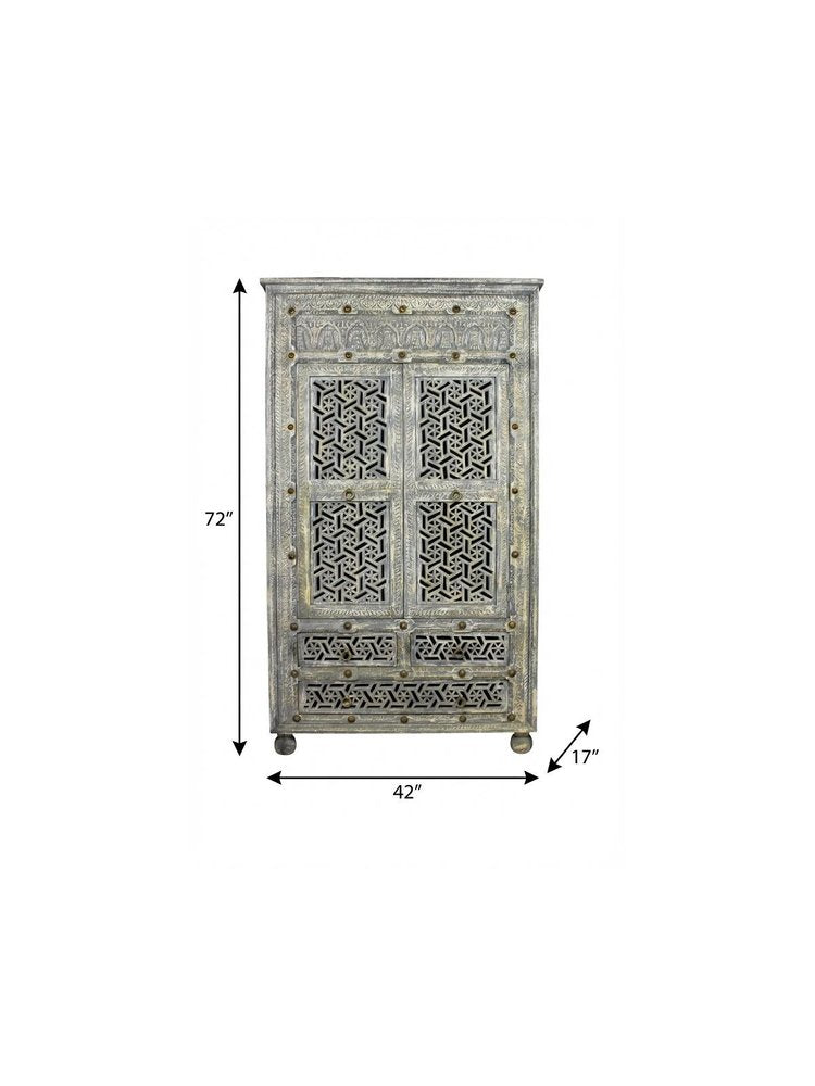 72" Gray Carved Geometric Solid Wood Two Door Three Drawer Combo Dresser