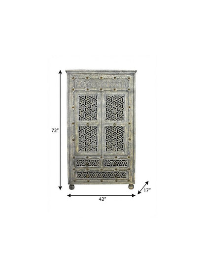 72" Gray Carved Geometric Solid Wood Two Door Three Drawer Combo Dresser