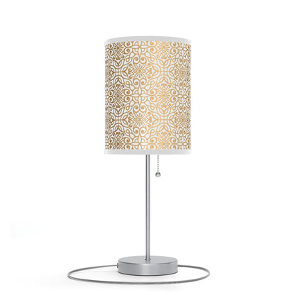 20" Silver Metal Table Lamp With White and Gold Scroll Cylinder Shade