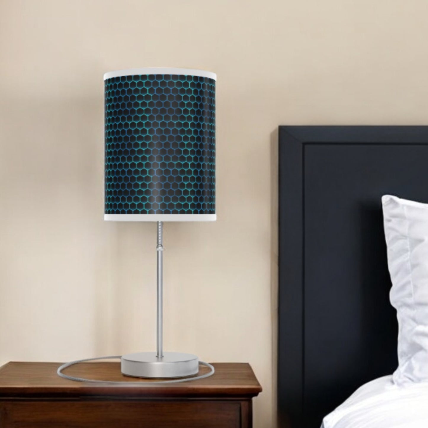 20" Silver Table Lamp With Black And Bright Honeycomb Cylinder Shade