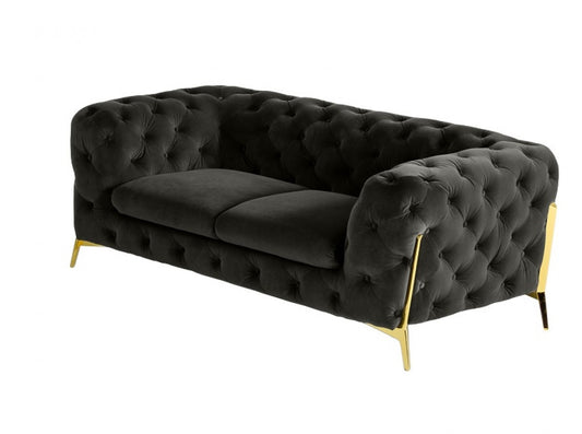 74" Dark Gray And Gold Velour Chesterfield Loveseat