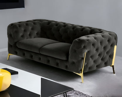 74" Dark Gray And Gold Velour Chesterfield Loveseat