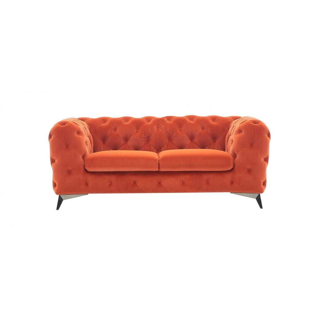 74" Orange And Silver Velvet Chesterfield Loveseat